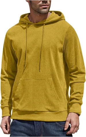Mens Hooded Sweatshirt Long Sleeve Casual Corduroy Drawstring Pullover Hoodies with Pocket,2024 Tall and Big Tops