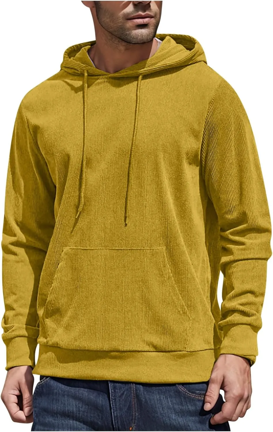 Mens Hooded Sweatshirt Long Sleeve Casual Corduroy Drawstring Pullover Hoodies with Pocket,2024 Tall and Big Tops