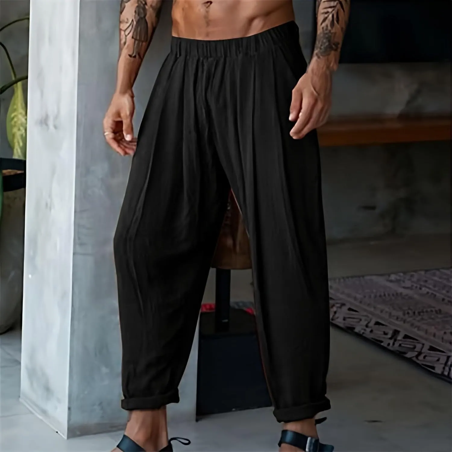 Men's Linen Cotton Pants Loose Fit Casual Lightweight Elastic Waist Summer Beach Pants Yoga Lounge Cotton Trousers