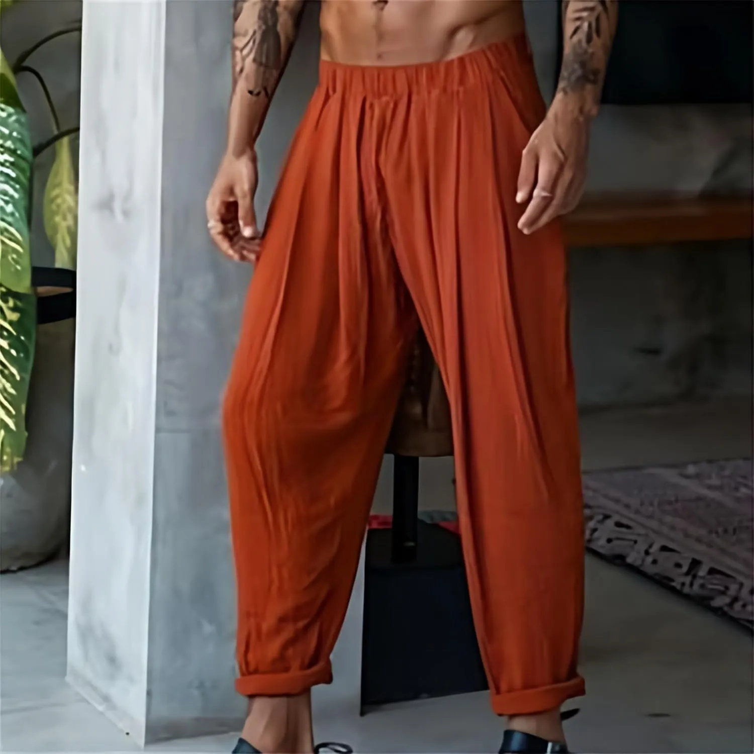 Men's Linen Cotton Pants Loose Fit Casual Lightweight Elastic Waist Summer Beach Pants Yoga Lounge Cotton Trousers