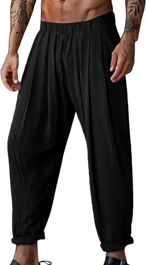 Men's Linen Cotton Pants Loose Fit Casual Lightweight Elastic Waist Summer Beach Pants Yoga Lounge Cotton Trousers