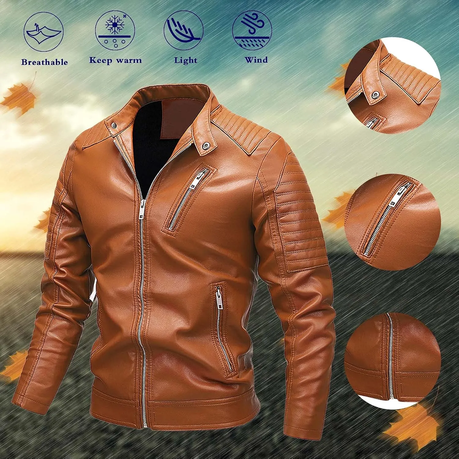 Mens Moto Jackets Casual Stand Collar Leather Biker Jacket Motorcycle Biker Leather Jacket Faux Leather Warm Winter Coat
