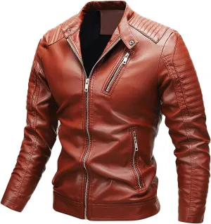 Mens Moto Jackets Casual Stand Collar Leather Biker Jacket Motorcycle Biker Leather Jacket Faux Leather Warm Winter Coat