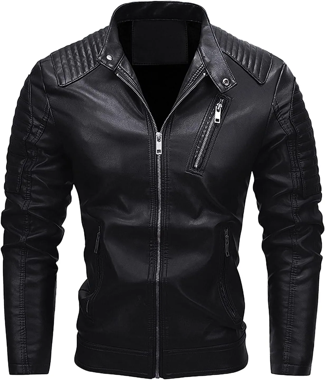 Mens Moto Jackets Casual Stand Collar Leather Biker Jacket Motorcycle Biker Leather Jacket Faux Leather Warm Winter Coat