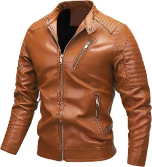 Mens Moto Jackets Casual Stand Collar Leather Biker Jacket Motorcycle Biker Leather Jacket Faux Leather Warm Winter Coat