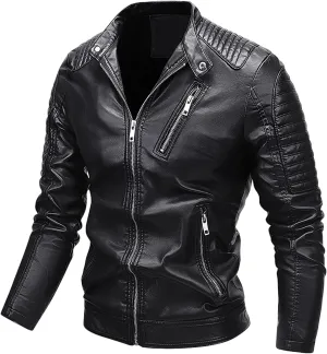 Mens Moto Jackets Casual Stand Collar Leather Biker Jacket Motorcycle Biker Leather Jacket Faux Leather Warm Winter Coat