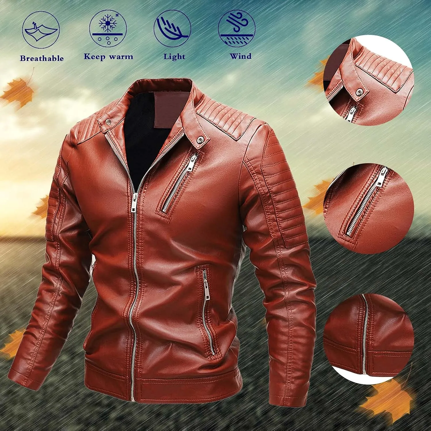 Mens Moto Jackets Casual Stand Collar Leather Biker Jacket Motorcycle Biker Leather Jacket Faux Leather Warm Winter Coat