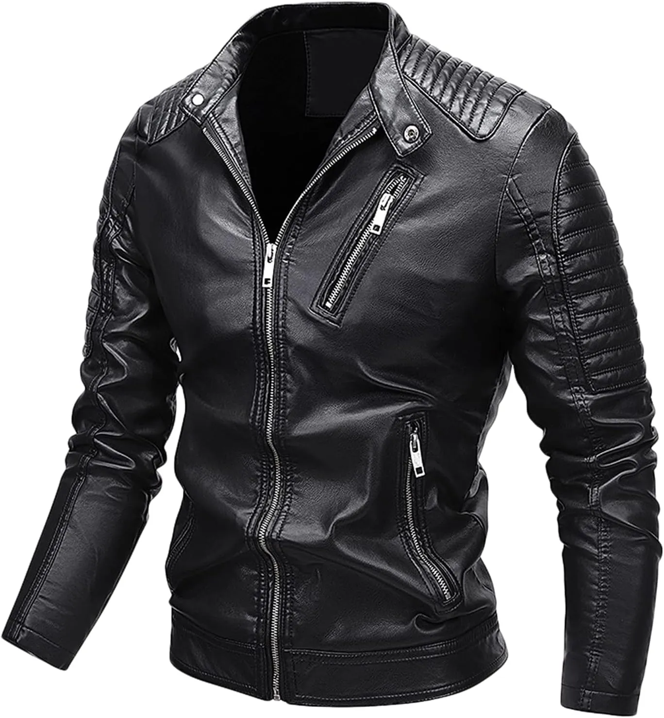 Mens Moto Jackets Casual Stand Collar Leather Biker Jacket Motorcycle Biker Leather Jacket Faux Leather Warm Winter Coat
