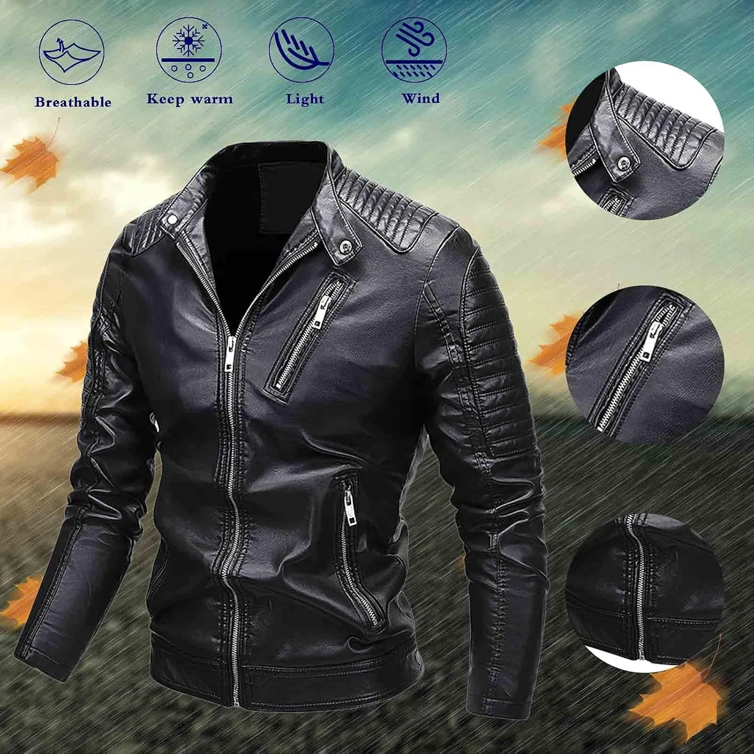 Mens Moto Jackets Casual Stand Collar Leather Biker Jacket Motorcycle Biker Leather Jacket Faux Leather Warm Winter Coat