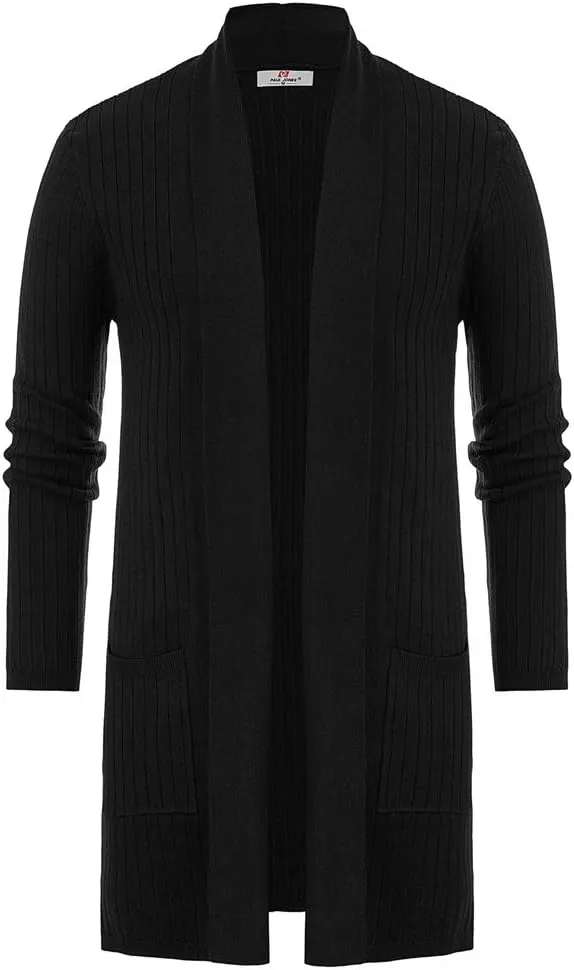 Men's Shawl Collar Open Front Long Cardigan Ribbed Knit Sweater with Pockets