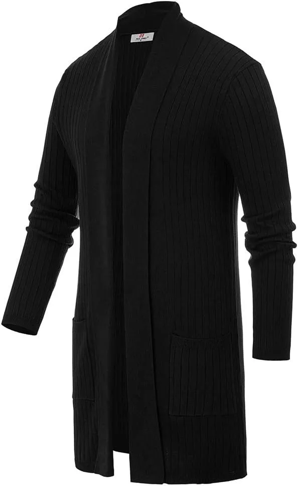 Men's Shawl Collar Open Front Long Cardigan Ribbed Knit Sweater with Pockets