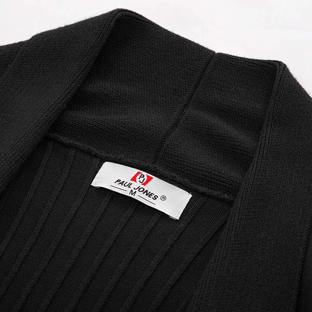 Men's Shawl Collar Open Front Long Cardigan Ribbed Knit Sweater with Pockets