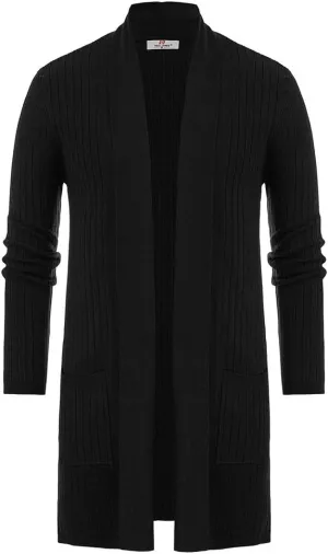 Men's Shawl Collar Open Front Long Cardigan Ribbed Knit Sweater with Pockets