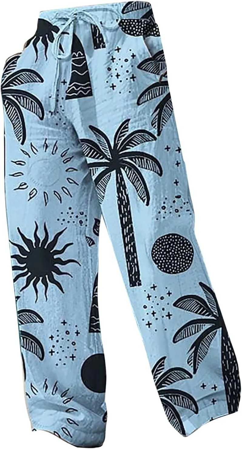 Men's Wide Leg Hawaiian Seaside Pants Casual Coconut Tree Pattern Yoga Beach Trousers Loose Fit Harem Joggers Pants