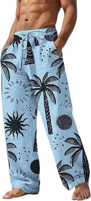 Men's Wide Leg Hawaiian Seaside Pants Casual Coconut Tree Pattern Yoga Beach Trousers Loose Fit Harem Joggers Pants