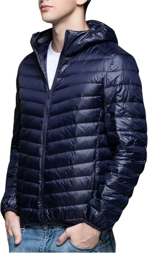 Men's Winter Down Puffer Jacket Packable Lightweight Hooded Down Jacket Warm Windproof Down Puffy Jacket Padded Coats
