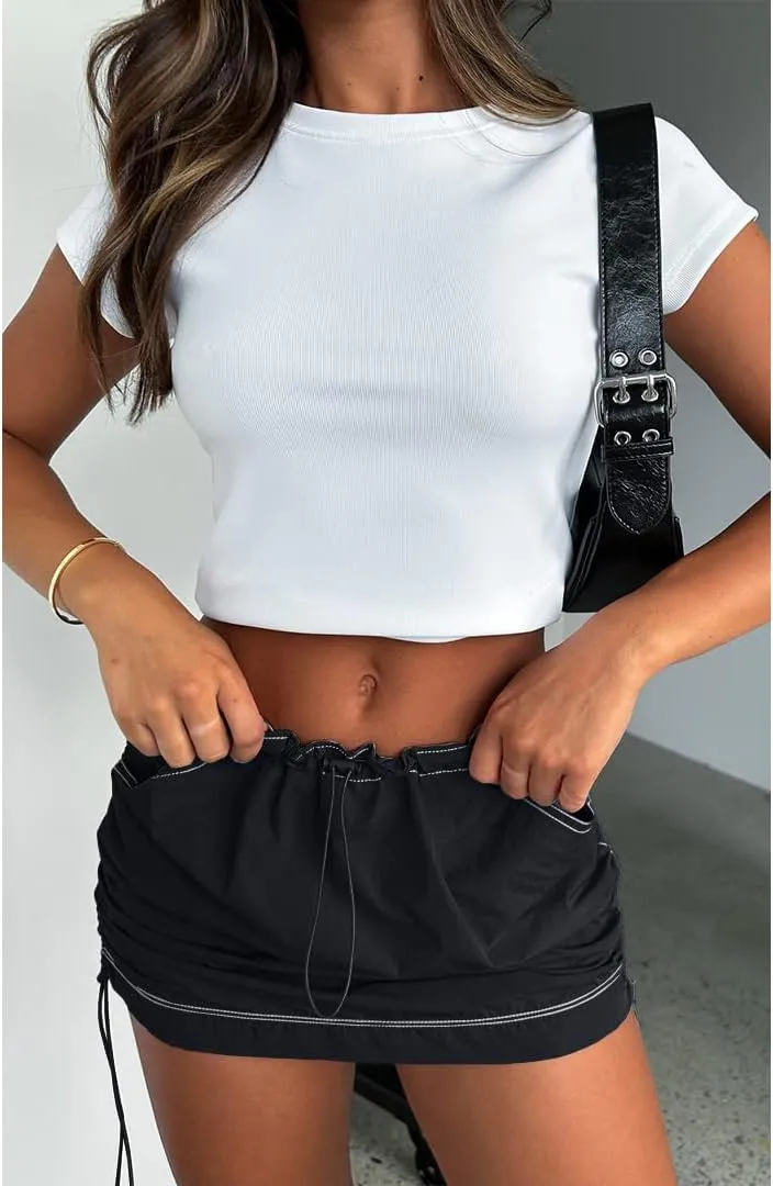 Mini Cargo Skirts for Women Y2K Low Waist Side Drawstring Trendy Summer Short Skirt with Pockets