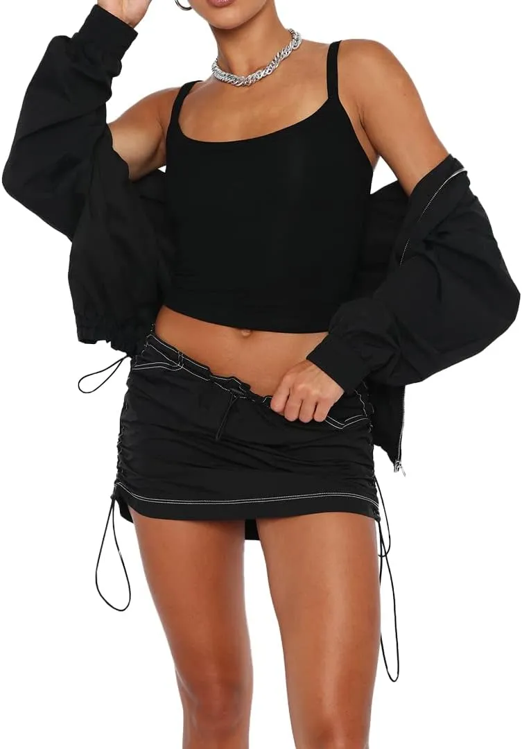 Mini Cargo Skirts for Women Y2K Low Waist Side Drawstring Trendy Summer Short Skirt with Pockets