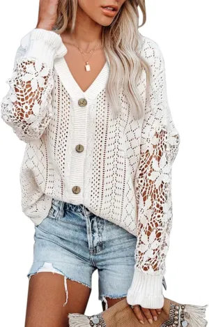 MINTLIMIT Women's Lace Crochet Long Sleeve Hollow Out Sweater Top Casual Loose Knit Cardigan Pullover Blouses Tops