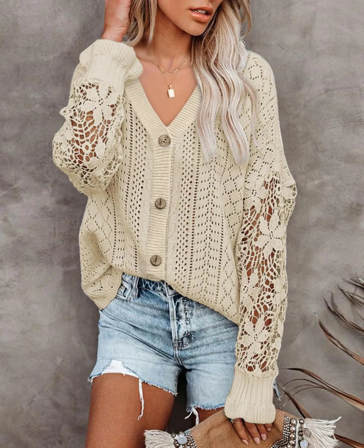 MINTLIMIT Women's Lace Crochet Long Sleeve Hollow Out Sweater Top Casual Loose Knit Cardigan Pullover Blouses Tops