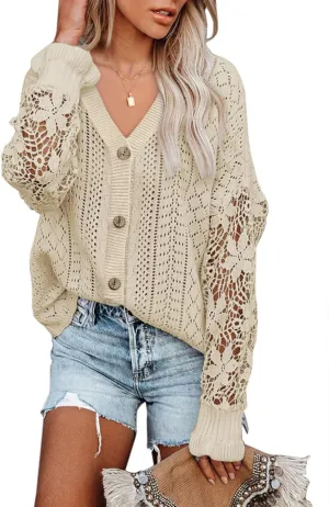 MINTLIMIT Women's Lace Crochet Long Sleeve Hollow Out Sweater Top Casual Loose Knit Cardigan Pullover Blouses Tops
