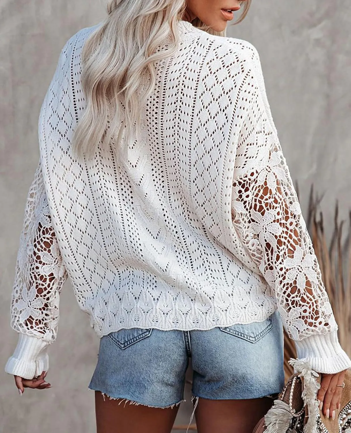 MINTLIMIT Women's Lace Crochet Long Sleeve Hollow Out Sweater Top Casual Loose Knit Cardigan Pullover Blouses Tops