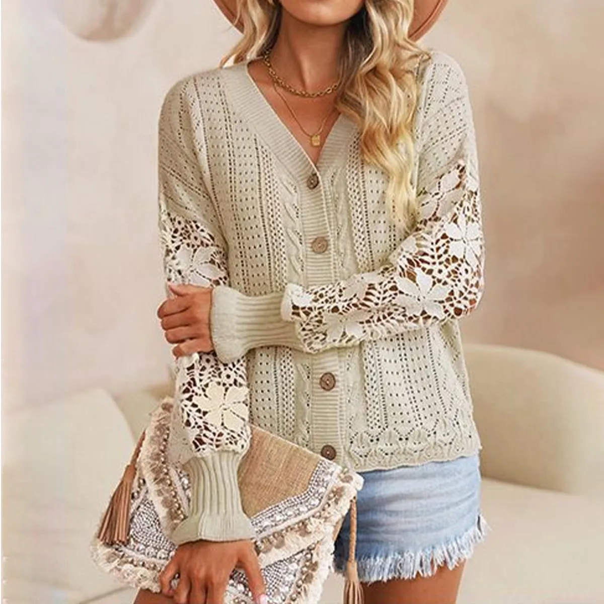 MINTLIMIT Women's Lace Crochet Long Sleeve Hollow Out Sweater Top Casual Loose Knit Cardigan Pullover Blouses Tops