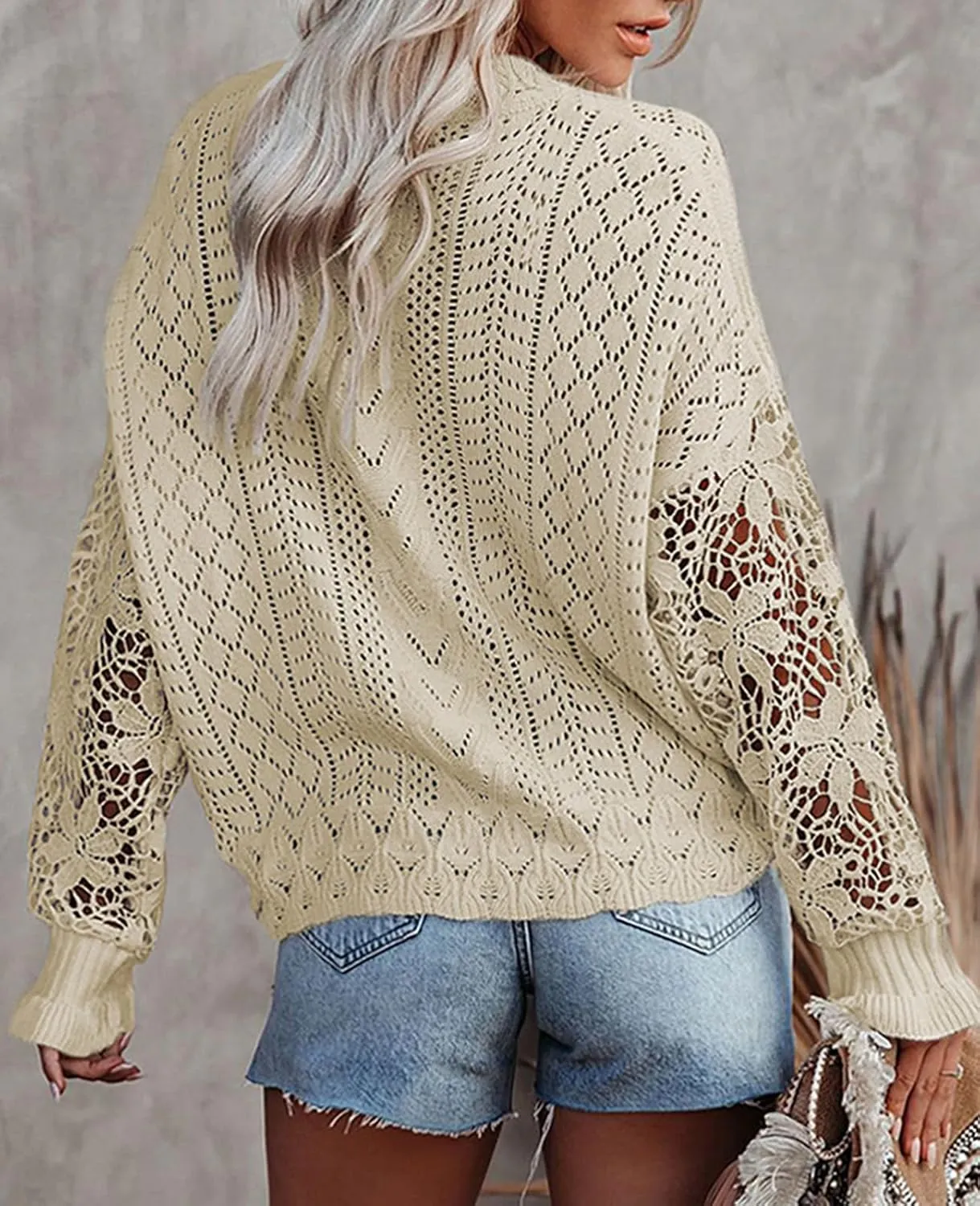 MINTLIMIT Women's Lace Crochet Long Sleeve Hollow Out Sweater Top Casual Loose Knit Cardigan Pullover Blouses Tops