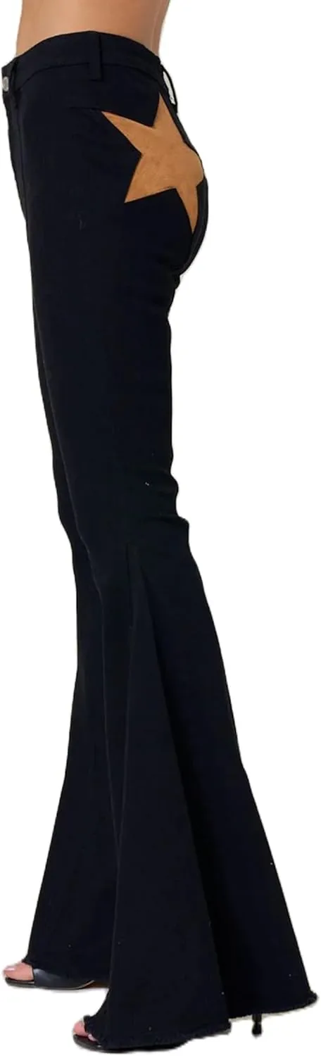 Mxiqqpltky Star Patchwork Bell Bottom Jeans for Women Mid Waist Bootcut Flare Jeans Stretch Straight Leg Skinny Denim Pants