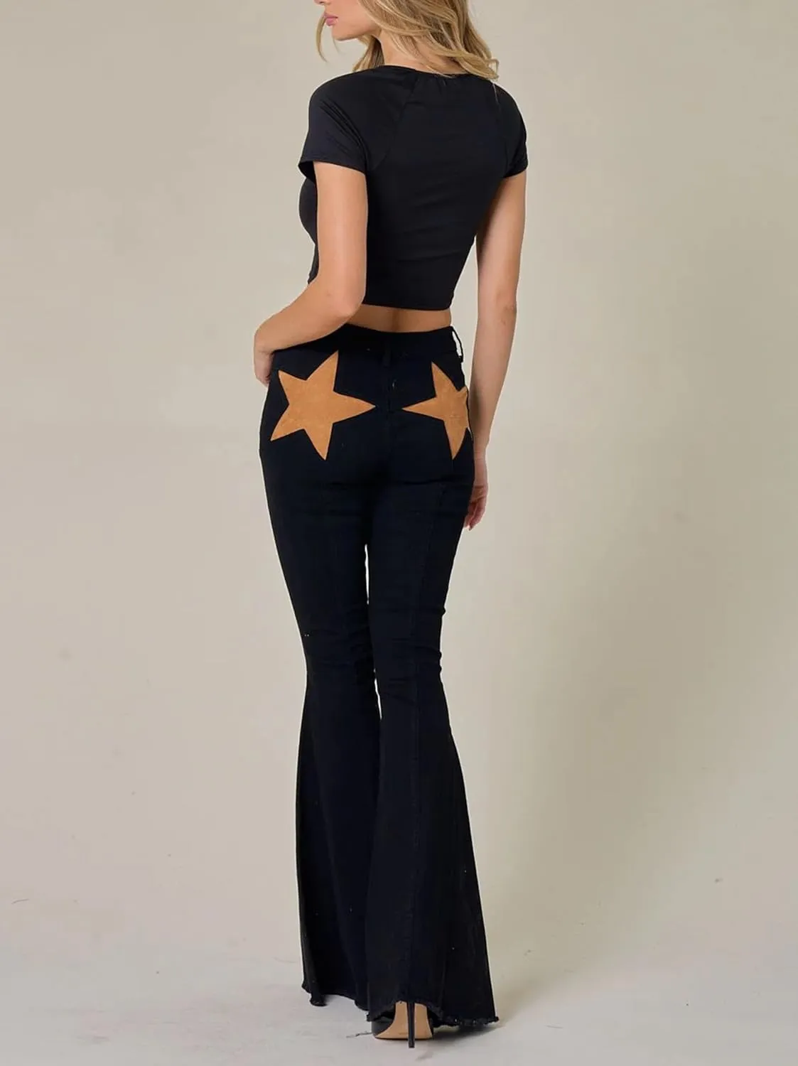 Mxiqqpltky Star Patchwork Bell Bottom Jeans for Women Mid Waist Bootcut Flare Jeans Stretch Straight Leg Skinny Denim Pants