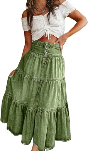 Mxiqqpltky Women's Denim Maxi Skirt High Waist Button Front Tiered Ruffle Swing A-Line Jean Long Skirt Y2k Streetwear