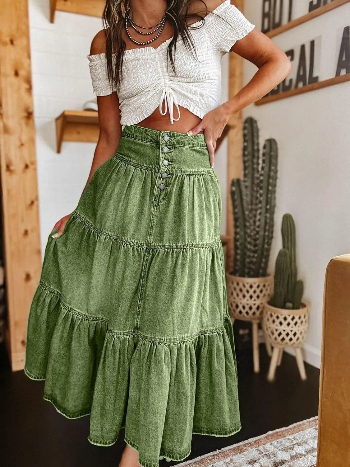 Mxiqqpltky Women's Denim Maxi Skirt High Waist Button Front Tiered Ruffle Swing A-Line Jean Long Skirt Y2k Streetwear