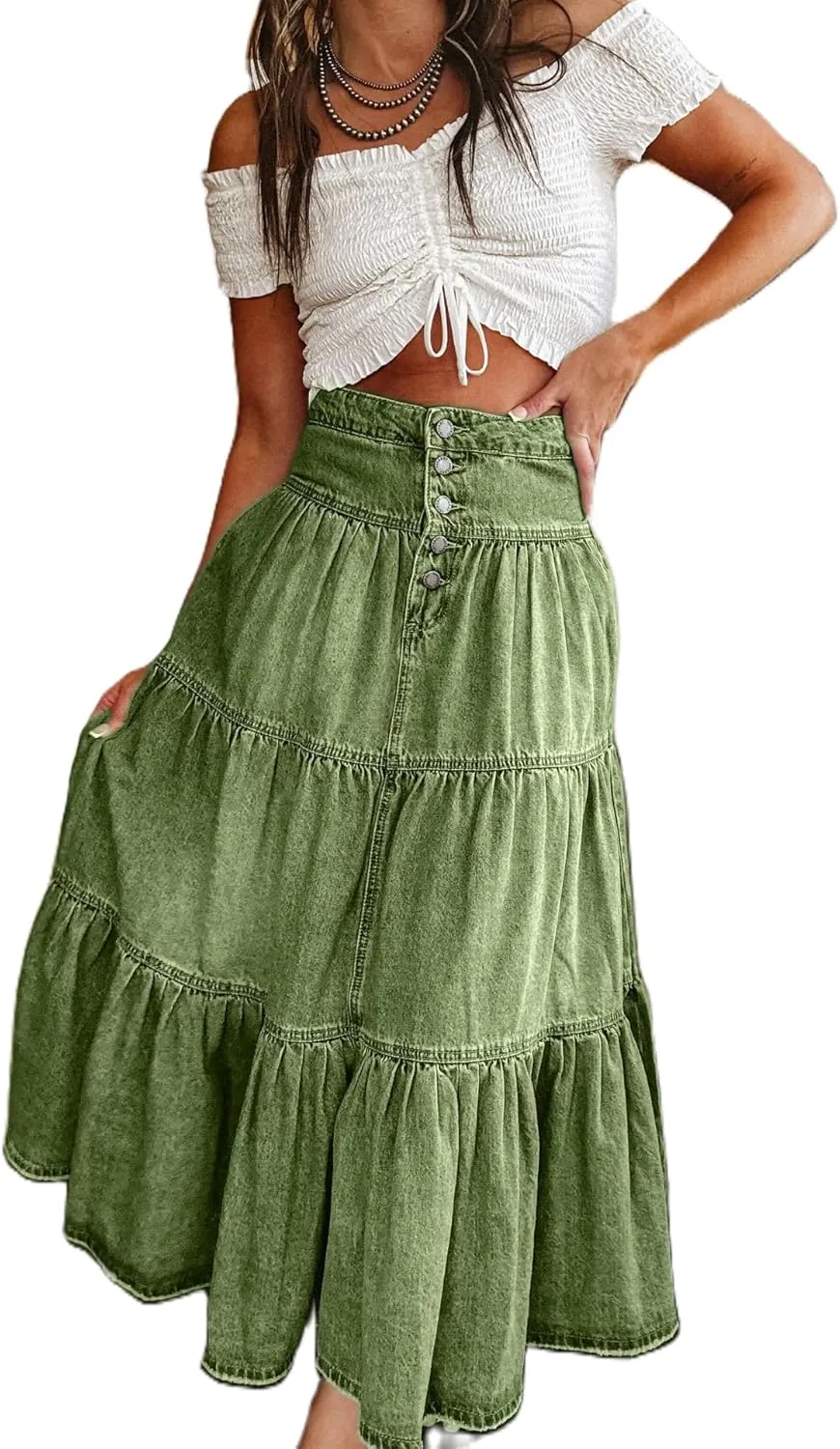 Mxiqqpltky Women's Denim Maxi Skirt High Waist Button Front Tiered Ruffle Swing A-Line Jean Long Skirt Y2k Streetwear