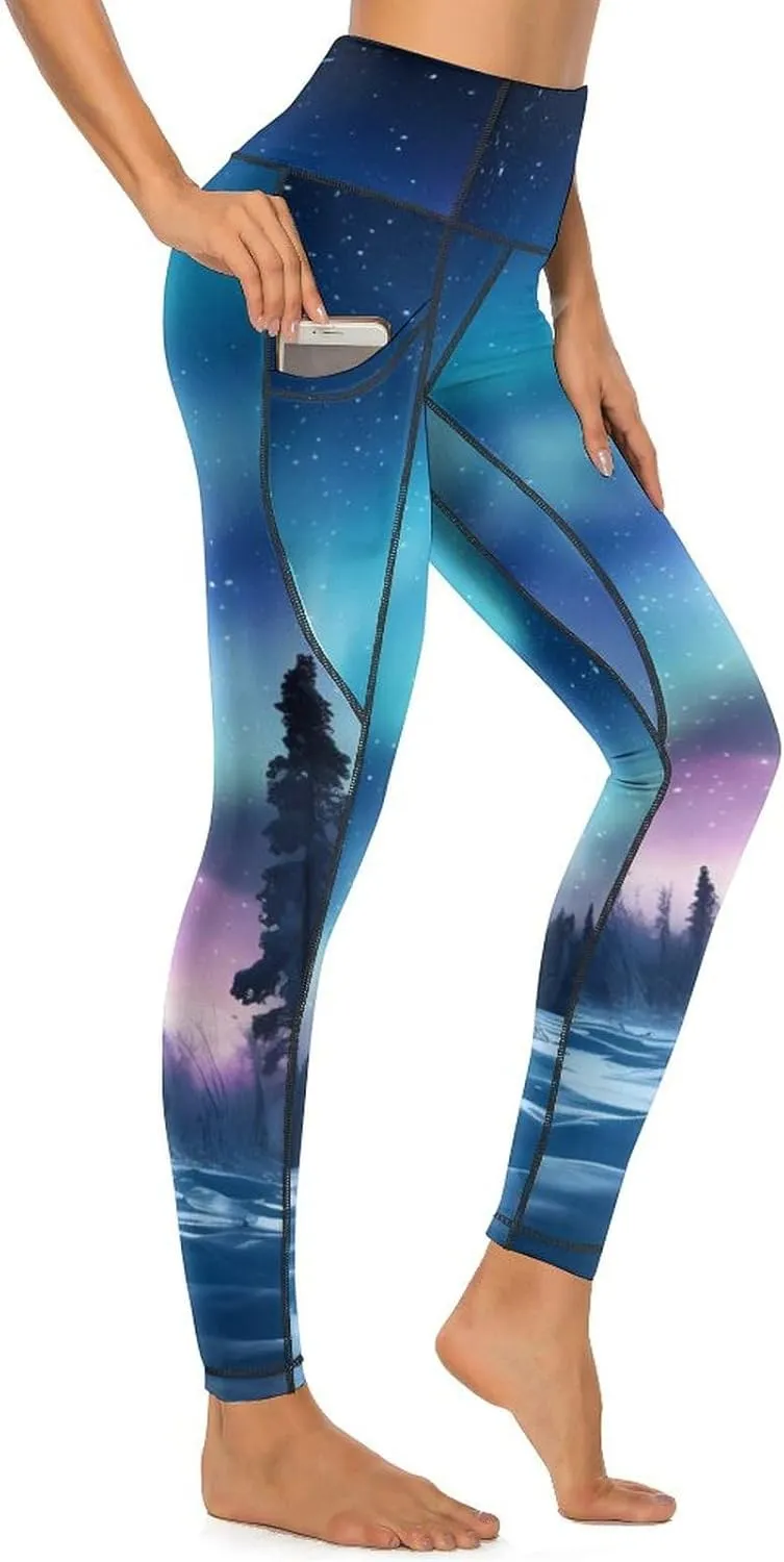 Northern Lights Natural Landscape Women's Yoga Pants Leggings with Pockets High Waist Compression Workout Pants