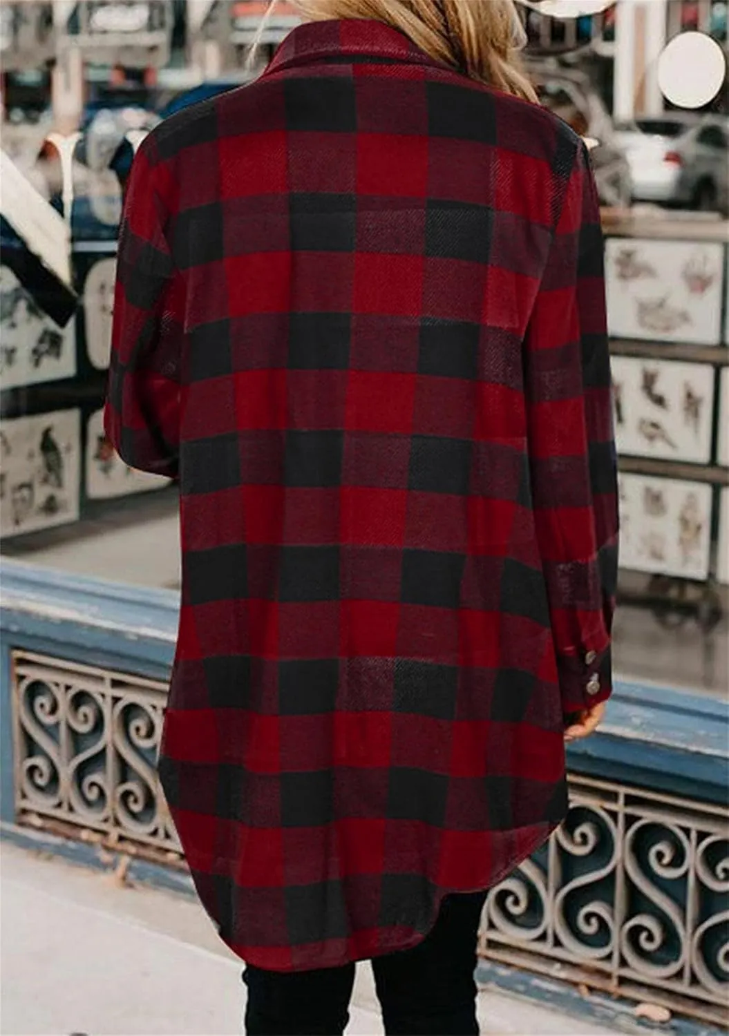 OMZIN Women's Long Button Down Plaid Shirt Long Sleeve Lapel Blouse Snaps Tops with Side Pockets
