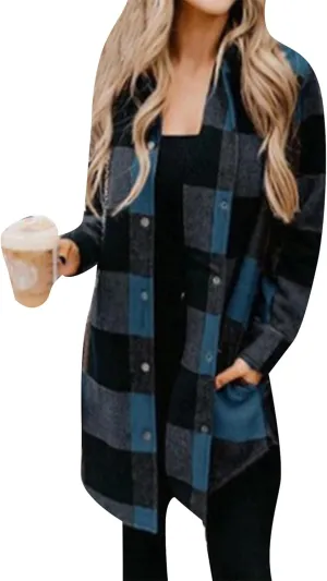 OMZIN Women's Long Button Down Plaid Shirt Long Sleeve Lapel Blouse Snaps Tops with Side Pockets