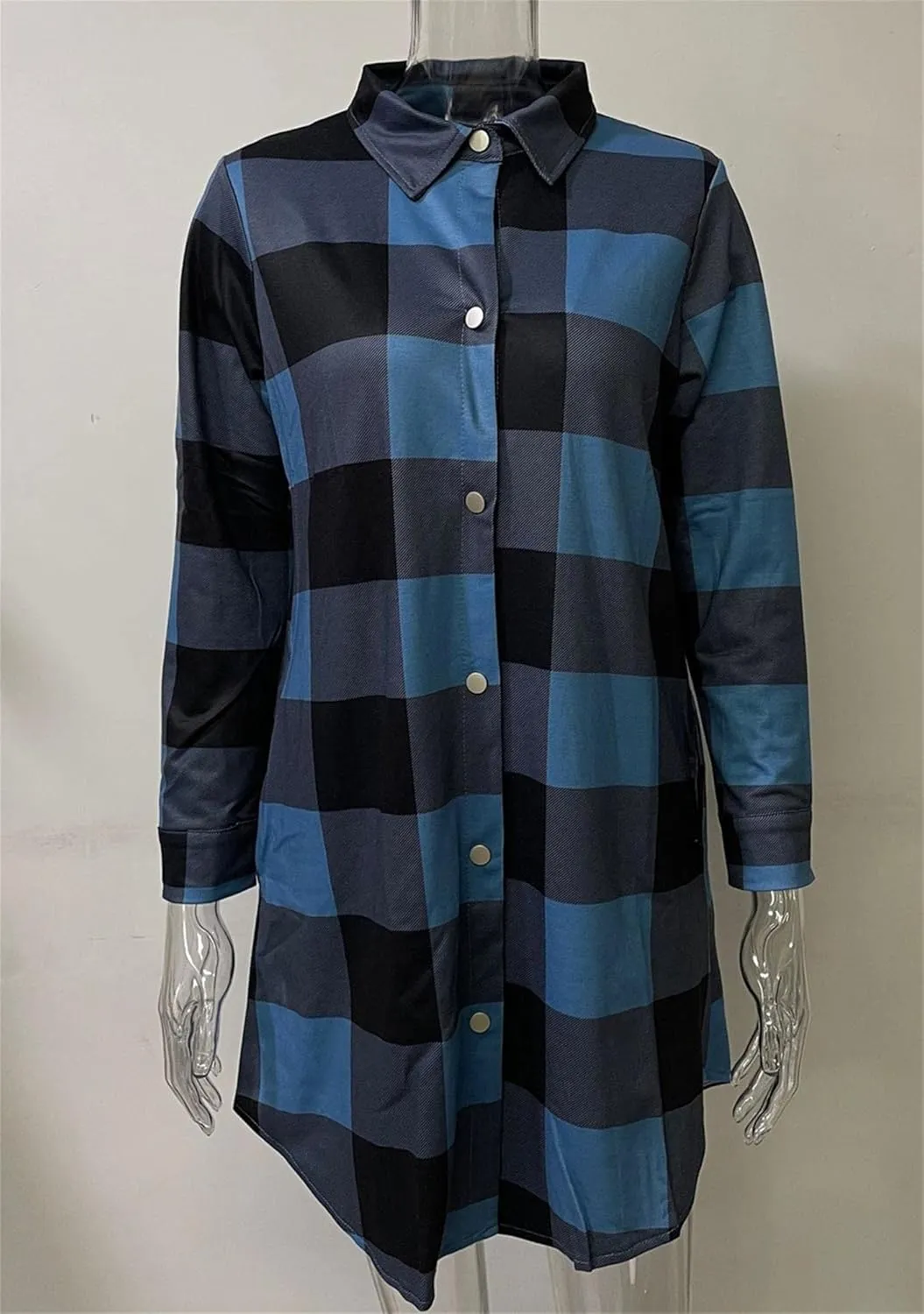 OMZIN Women's Long Button Down Plaid Shirt Long Sleeve Lapel Blouse Snaps Tops with Side Pockets