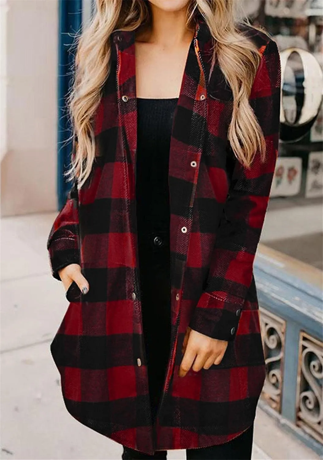 OMZIN Women's Long Button Down Plaid Shirt Long Sleeve Lapel Blouse Snaps Tops with Side Pockets