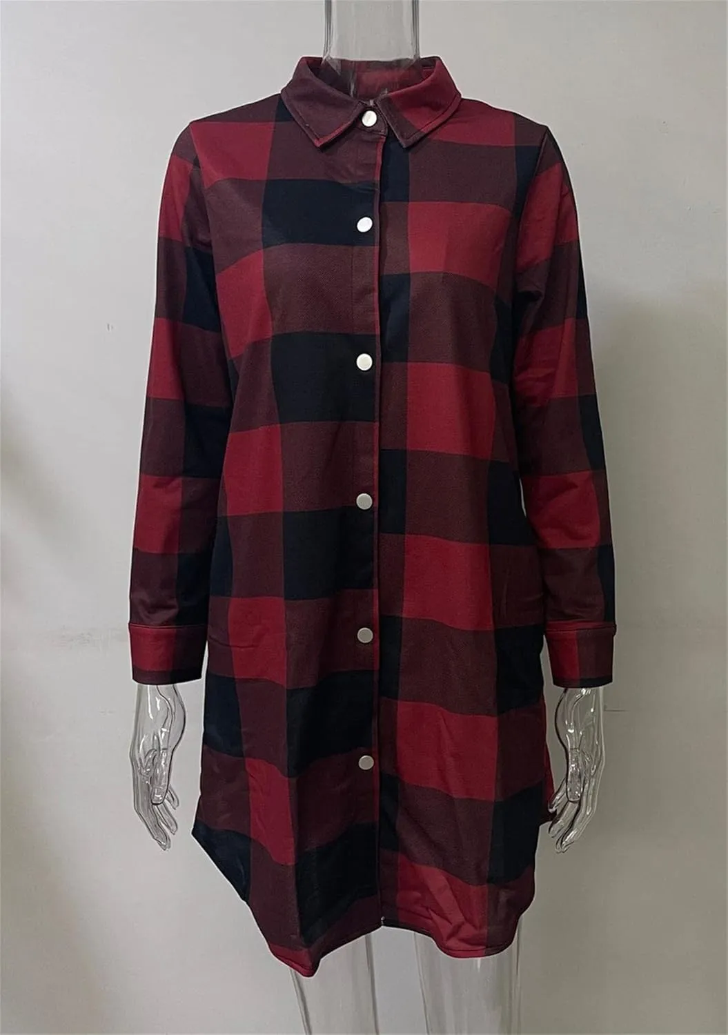 OMZIN Women's Long Button Down Plaid Shirt Long Sleeve Lapel Blouse Snaps Tops with Side Pockets