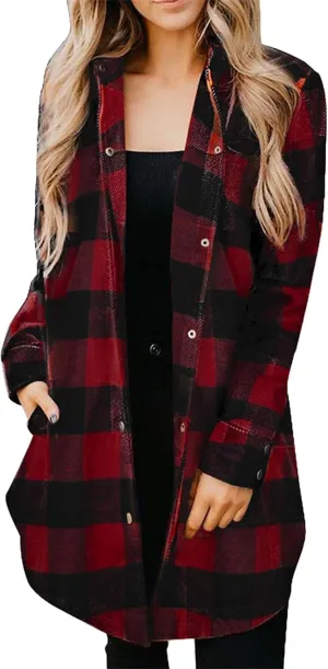 OMZIN Women's Long Button Down Plaid Shirt Long Sleeve Lapel Blouse Snaps Tops with Side Pockets