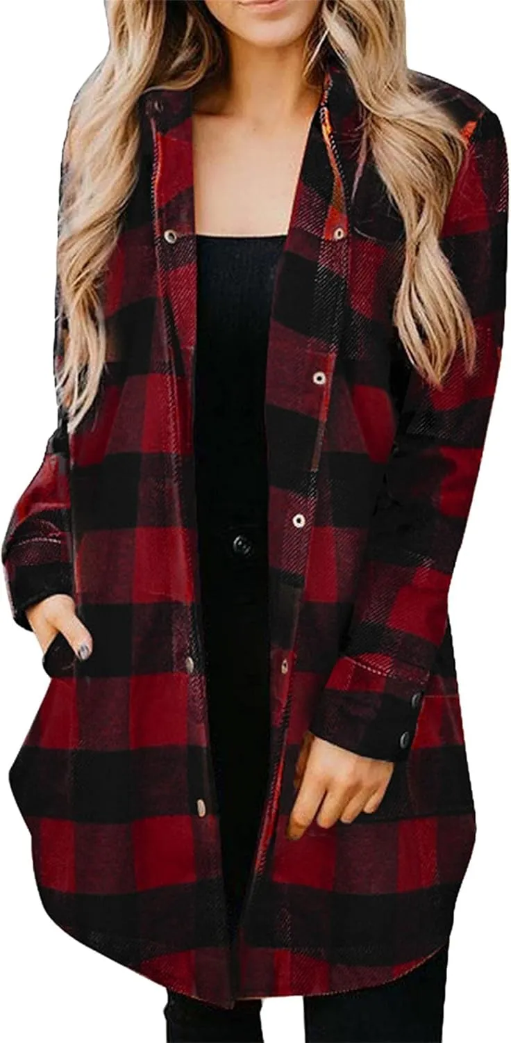 OMZIN Women's Long Button Down Plaid Shirt Long Sleeve Lapel Blouse Snaps Tops with Side Pockets