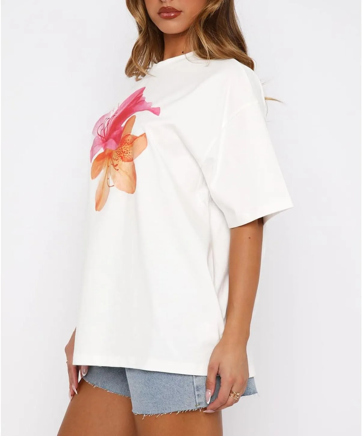Oversized Graphic Shirts Teen Girls Women Preppy Short Sleeve Crewneck Y2k Floral Tops Aesthetic Summer Baggy Tees