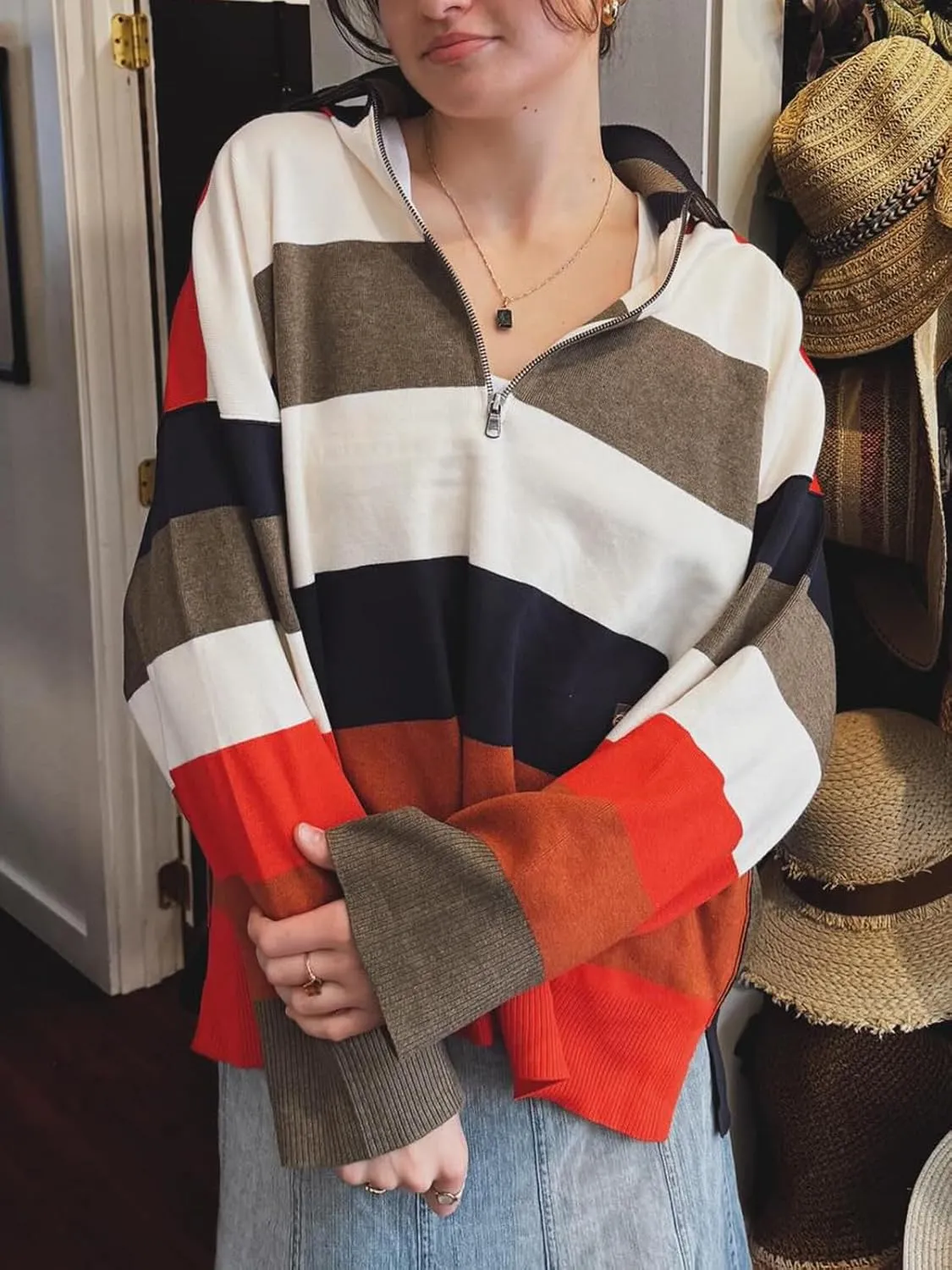 Oversized Sweaters Women Half Zip Pullover Turtleneck Sweaters Striped Waffle Knit Pullovers Tops Knitwear Fall Fashion