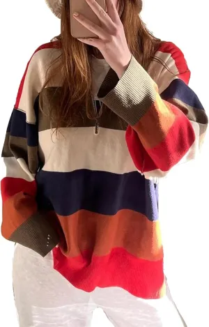 Oversized Sweaters Women Half Zip Pullover Turtleneck Sweaters Striped Waffle Knit Pullovers Tops Knitwear Fall Fashion