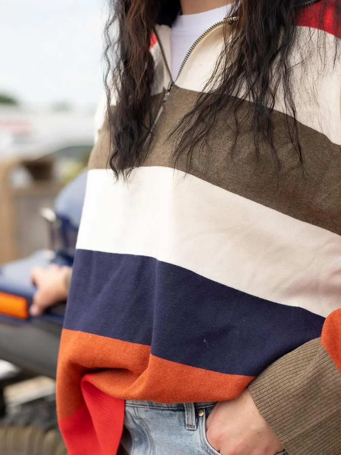 Oversized Sweaters Women Half Zip Pullover Turtleneck Sweaters Striped Waffle Knit Pullovers Tops Knitwear Fall Fashion