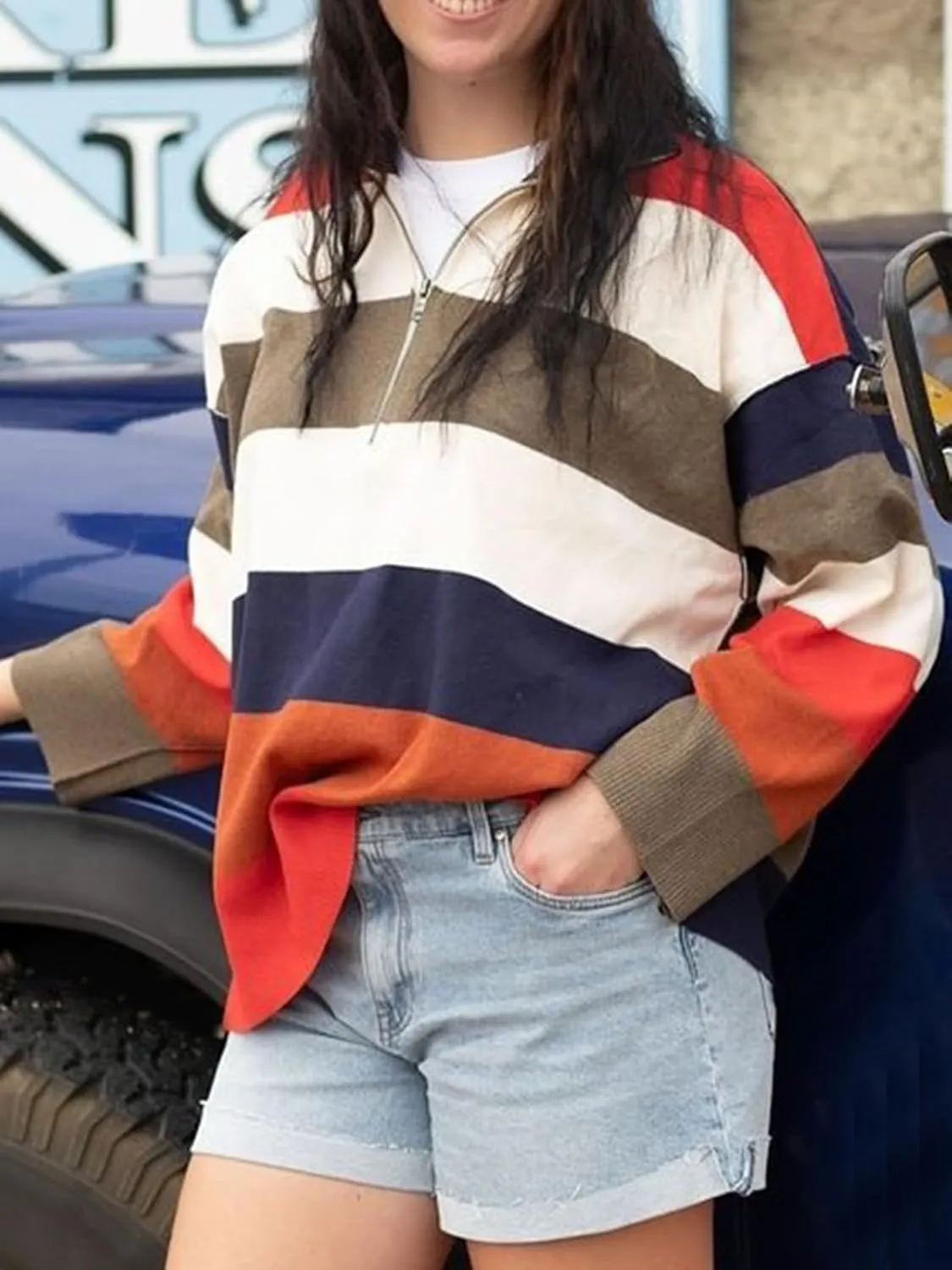 Oversized Sweaters Women Half Zip Pullover Turtleneck Sweaters Striped Waffle Knit Pullovers Tops Knitwear Fall Fashion
