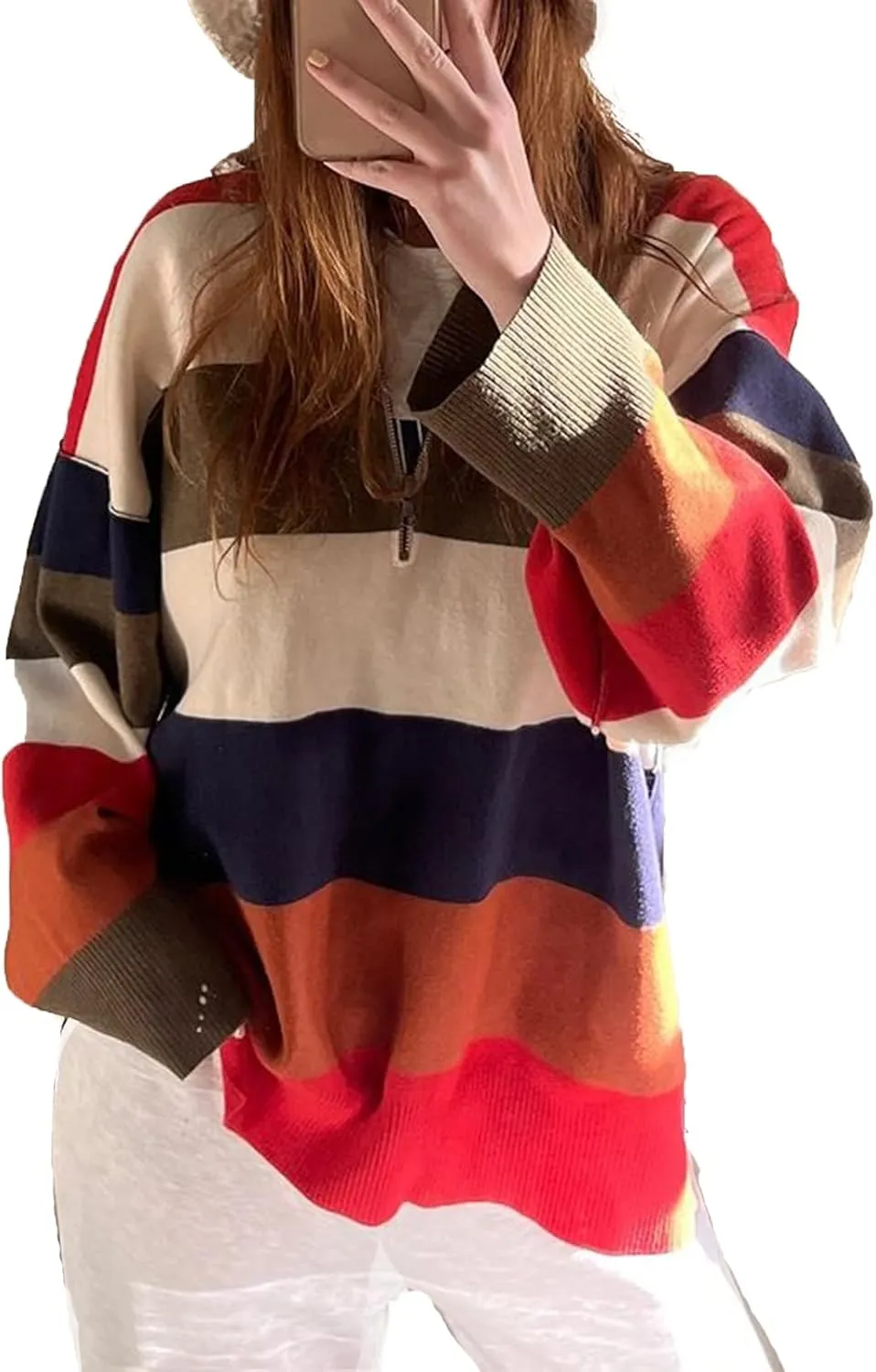 Oversized Sweaters Women Half Zip Pullover Turtleneck Sweaters Striped Waffle Knit Pullovers Tops Knitwear Fall Fashion