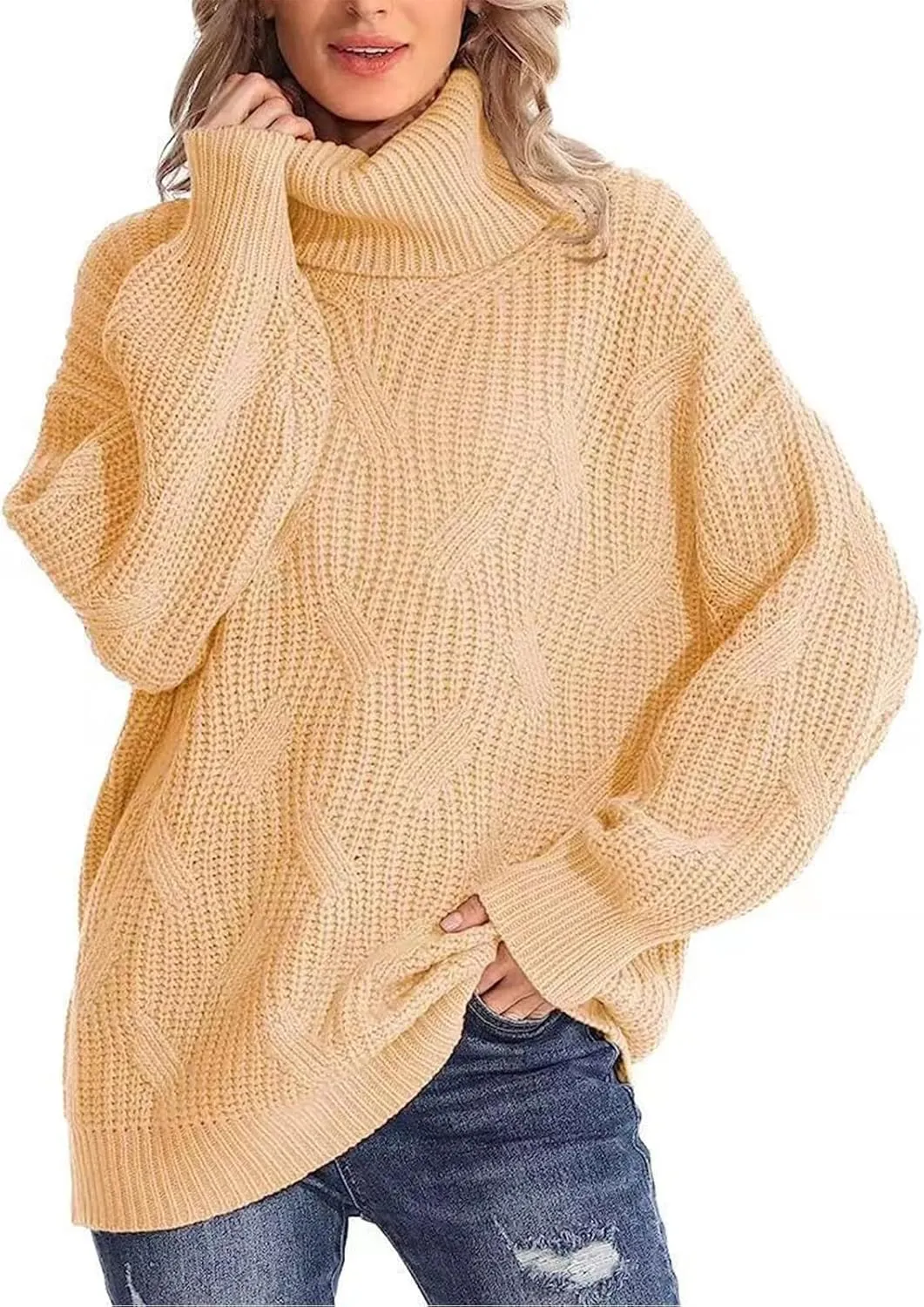Oversized Turtleneck Sweater Women Mock Neck Long Sleeve Chunky Knit Sweaters Cozy Cowl High Neck Knitted Jumper Top