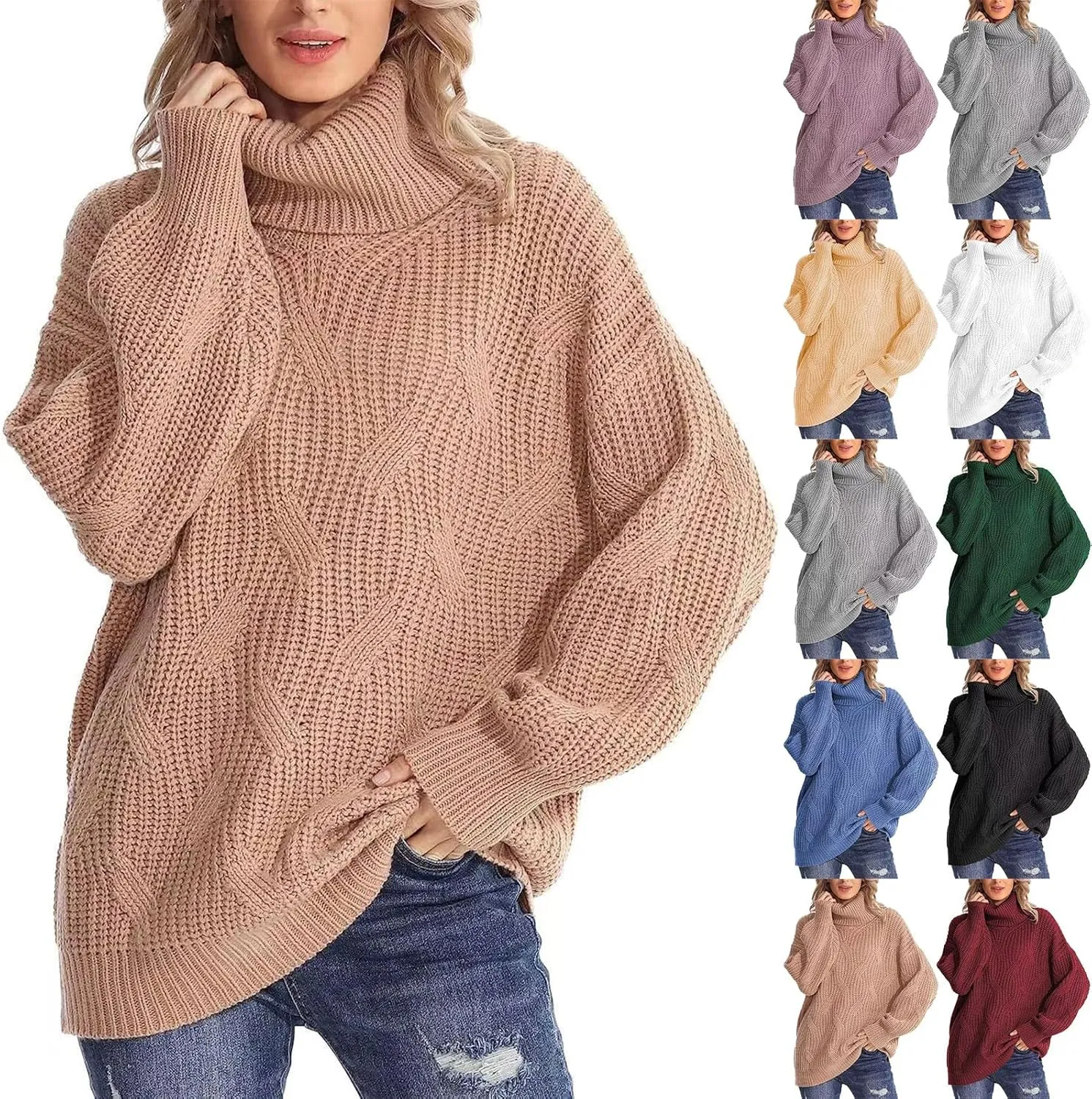 Oversized Turtleneck Sweater Women Mock Neck Long Sleeve Chunky Knit Sweaters Cozy Cowl High Neck Knitted Jumper Top