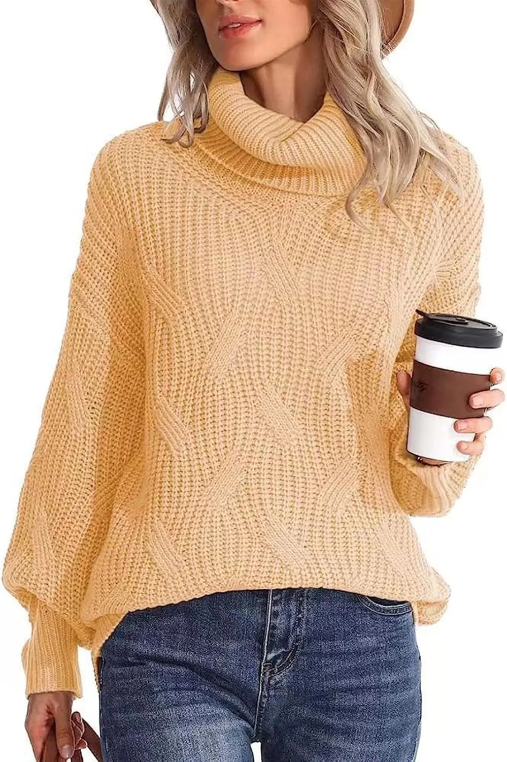 Oversized Turtleneck Sweater Women Mock Neck Long Sleeve Chunky Knit Sweaters Cozy Cowl High Neck Knitted Jumper Top